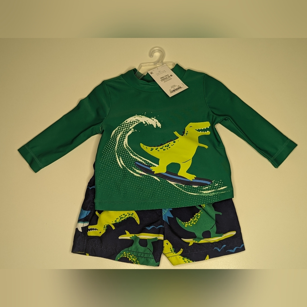 NWT Carter's 3 Month 2pc Swimsuit and Long Sleeve Rash guard Green Blue Dinosaur